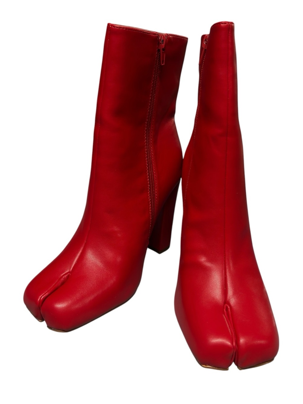 Liliana | Mahomes Red Faux Leather Tabi Camel Toe High Heeled Boots